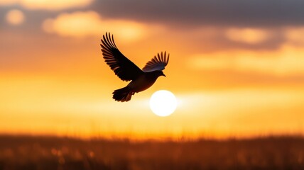 Fototapeta premium Bird in flight during vibrant sunset with glowing sun background