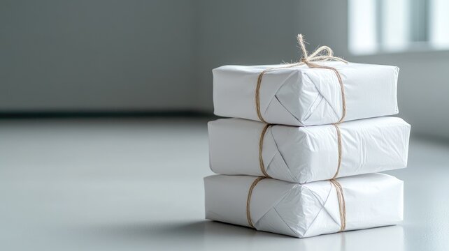 Three neatly wrapped white packages tied with string, minimalist style