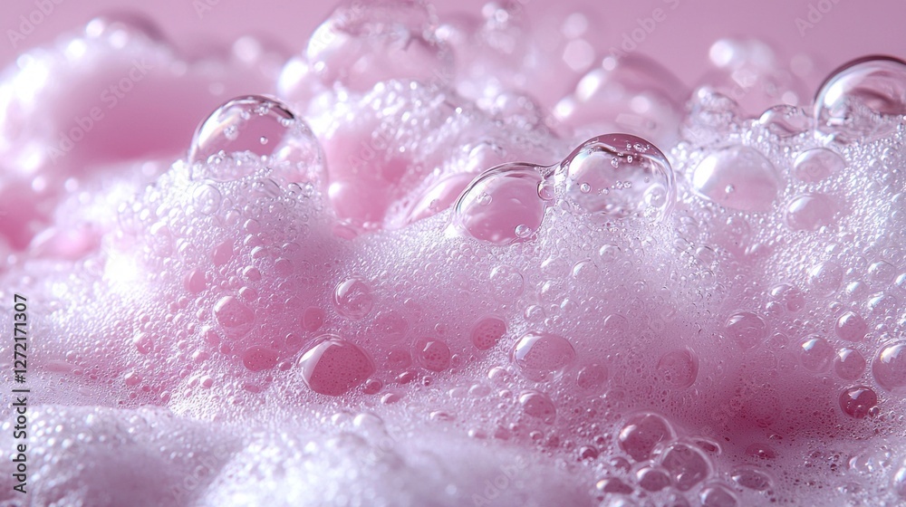 Poster Soft bubbles of pink soap foam create an enchanting texture, capturing light and reflecting a tranquil atmosphere that invites relaxation and calmness in the environment