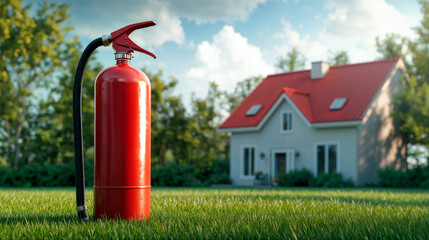 Obraz premium Red fire extinguisher positioned on green lawn near house with red roof 