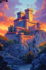 Fototapeta premium Majestic Medieval Castle Perched on Rocky Hill at Sunset with Dramatic Sky and Vibrant Foliage Surrounding the Stone Structure