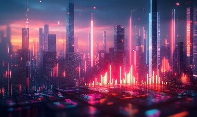 Abstract cityscape with digital data overlay, featuring glowing bars and a futuristic ambiance