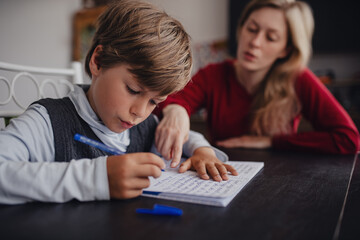 Boy pupil doing his homework at home with his mother