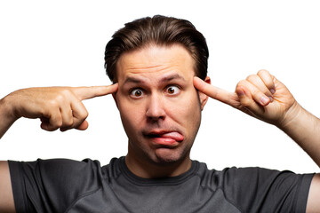 Young crazy man, fooling emotions, portrait isolated on white