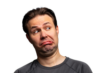 Young man disgust emotional portrait isolated on white