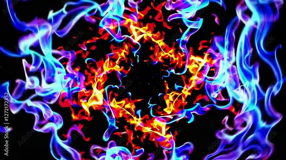 Poster Abstract vortex of colorful flames on a dark background, dynamic energy and motion concept