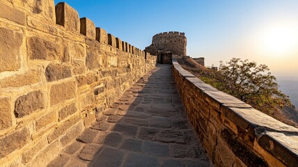 Fototapeta premium Stone fortress wall and pathway at sunrise with trees distant view
