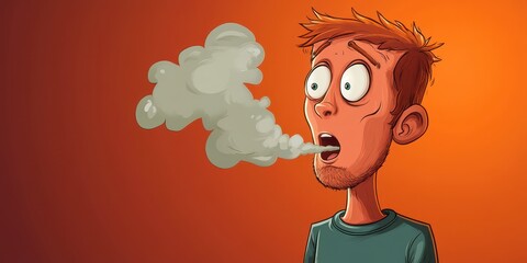 Cartoon-Style Illustration of a Surprised Red-Haired Character Exhaling a Dense Cloud Against a Vibrant Orange Background with Wide Eyes