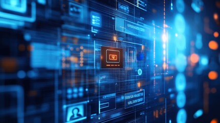 Obraz premium Complex digital interface showcasing a wireless network symbol alongside data streams and user profiles, suggesting advanced technological operations in a futuristic setting