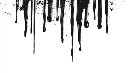 Abstract black ink drips and splatters on a white background creating a grunge artistic texture