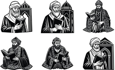 A set of pious man holding holy quran in his heart  silhouette art illustration
