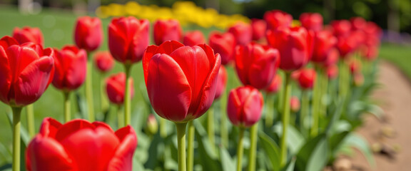 Obraz premium Vibrant red tulips blooming in a sunny spring garden creating a cheerful atmosphere while surrounded by colorful flowers and lush green grass
