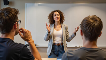 Engaging female philosopher lecturing to attentive students in classroom, education