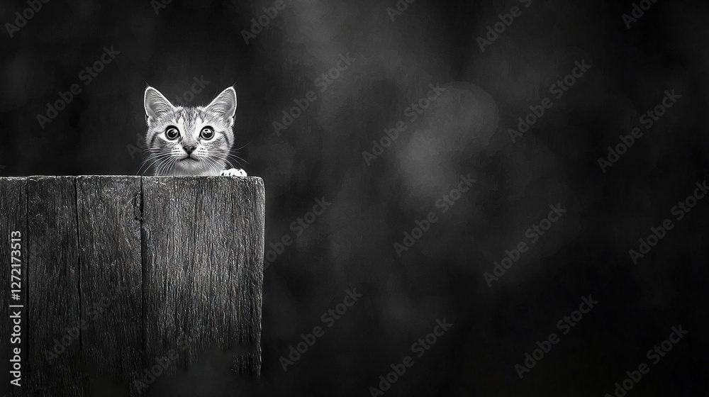 Canvas Prints  Black-and-white photo of a feline peering above a wooden post, blurred background of tree foliage