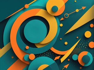 Obraz premium Abstract design featuring turquoise, orange, and yellow geometric shapes, including circles and arrows, on a teal background