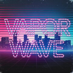 Fototapeta premium Vaporwave text in neon pink and blue against a retro city skyline with horizontal gradient lines