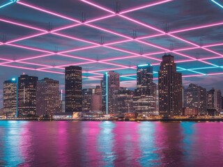 Fototapeta premium A vibrant city skyline at dusk, adorned with glowing pink and blue grid lights above reflecting on the water below