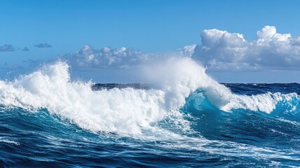 Naklejka premium Powerful ocean wave crashing, with blue sky and clouds in background