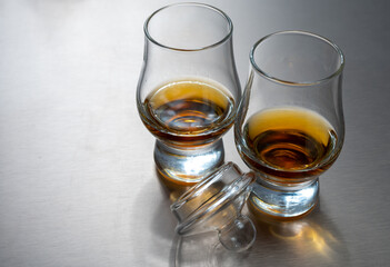 Scotch single malt and blended high quality whisky tasting on distillery in Scotland close up