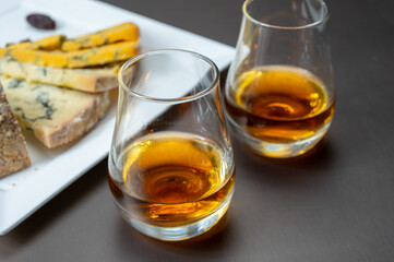 Whiskey and cheese pairing, tasting speyside whisky glasses and plate with sliced cheddar, blue stilton and blue shropshire cheeses, Great Britain food and drink
