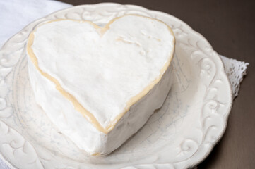 Cheese collection, French cheese from Normandy region, heart-shaped neufchatel from farm shop close up
