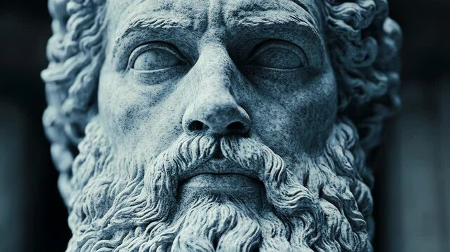 Ancient stone sculpture of a philosopher with intricate details showcasing wisdom and history