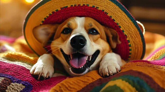 Adorable corgi puppy wearing a colorful sombrero, playfully resting on a vibrant Mexican blanket