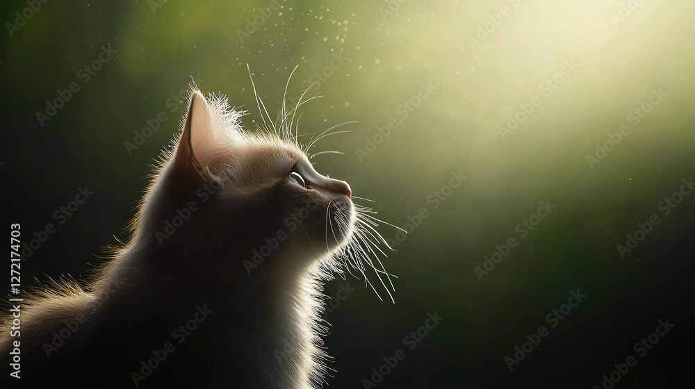 Wall mural    a feline facing upward, illuminated by sunlight filtering through its fur around its eyes and nose