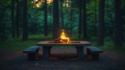 Forest campfire picnic table sunset