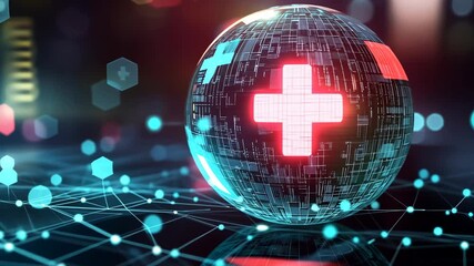 Futuristic digital sphere with red cross surrounded by glowing network in hightech environment - Powered by Adobe