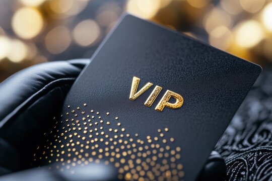 A luxurious golden VIP membership card is held by a gloved hand, illuminated by dramatic lighting to enhance its exclusive appeal in a refined setting.