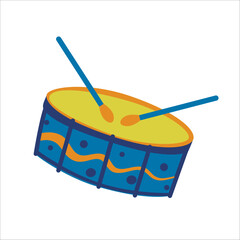 Children colorful drum with drumsticks on a white background. Musical instrument for music school, carnival, holiday, street parade. Isolated vector illustration.