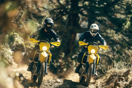 Two motorcyclists riding in dense forest path. Neural network AI generated