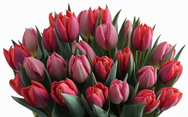Obraz premium A vibrant bouquet of pink and red tulips with lush green leaves, elegantly arranged against a bright background