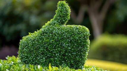 Green thumbs up hedge sculpture in garden setting