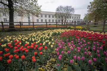 A vibrant garden filled with red, yellow, and purple tulips in front of a white building, surrounded by trees on a cloudy day