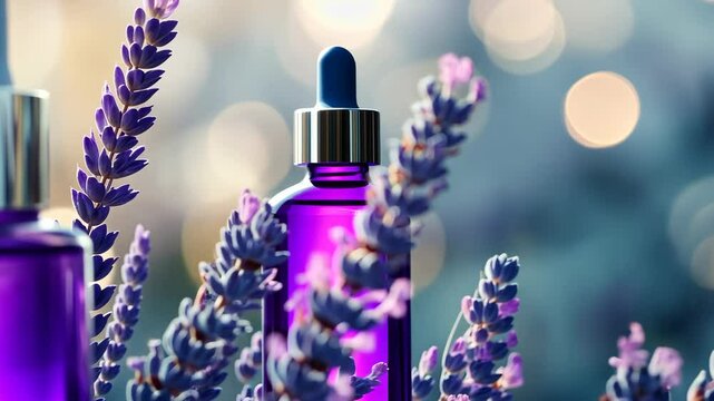 Lavender essential oil bottle in blooming field with bokeh background