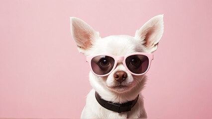 White chihuahua is wearing pink sunglasses against a light pink background with copy space.

