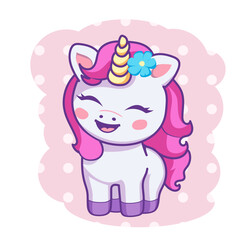 Cartoon baby Unicorn with flower on a pink background with dots, isolated in pastel colors. Kawaii children's print, poster, elememt for design of clothing, textiles, rooms.