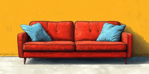 Vibrant Orange Couch Against Bold Yellow Wall with Two Soft Blue Cushions Creating a Modern and Inviting Interior Decor Scene for Living Spaces