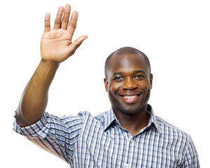 African American man raising hand isolated on white background