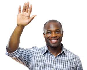 African American man raising hand isolated on white background