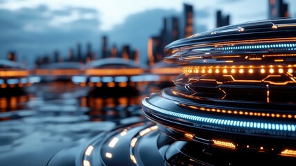 Futuristic cityscape with glowing structures and reflective surfaces, showcasing advanced technology modern design