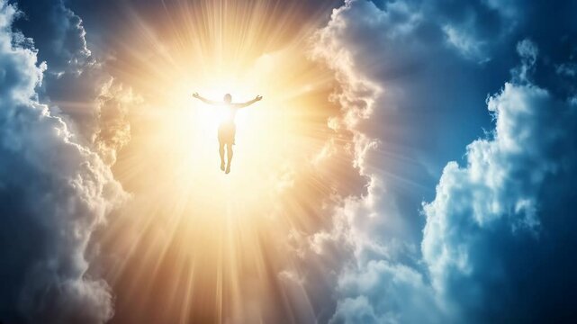 A man resembling jesus reaching for a glorious cross in a radiant sky, symbolizing his resurrection
