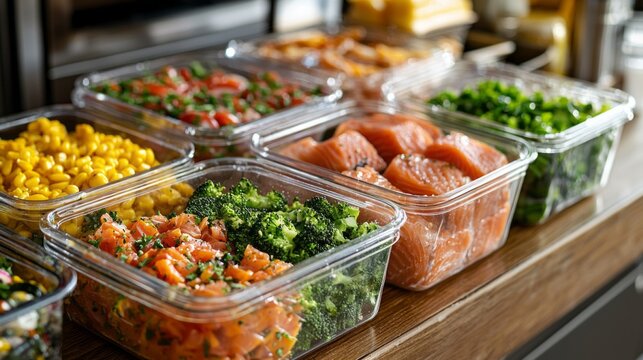Vividly colored lunch options fill reusable containers, showcasing fresh vegetables and flavorful proteins