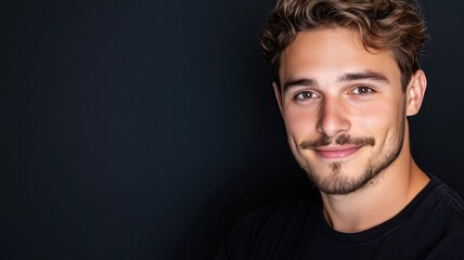 Obraz premium Young man with beard smiling against dark background