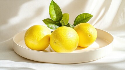 A harmonious composition featuring fresh lemons and green leaves on a neutral background, showcasing the vibrant gumigutt yellow colors in a bright and refreshing setup perfect for decor.