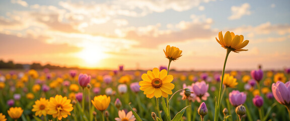 Obraz premium Vibrant field of colorful flowers basking in golden sunset light, evoking a sense of tranquility and renewal, representing the beauty of spring and the Easter Season’s themes of rebirth