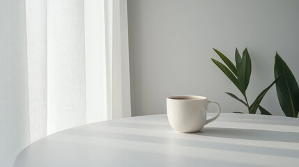 White cup of coffee on table near window with plants. Interior. Background. Stock photo