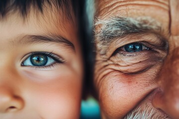 A close-up portrait of a grandfather and grandson smiling together, showcasing their joyful expressions.